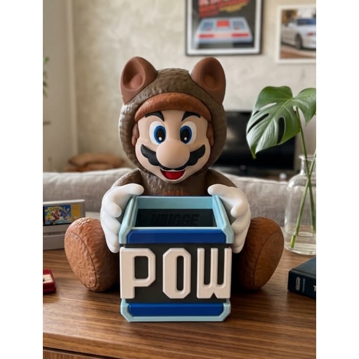 Boneco estilo Tanooki Mario 26cm - Porta-Trecos e Balde de Pipoca - Colecionável Geek Gamer