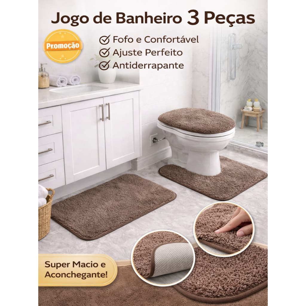 Jogo de Banheiro Liso Conjunto Tapete 3 Peças Antiderrapante
