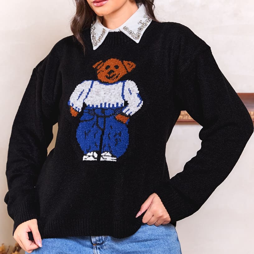 Blusa Ursinho Teddy Tricot Mousse Manga Longa Feminina Inverno Quentinha Confortável Tendência