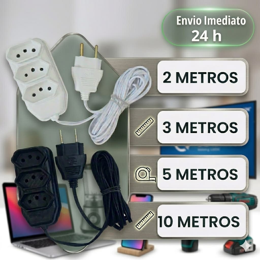Extensão Elétrica 2, 3, 5, 10 Metros Tomada Preto e Branco