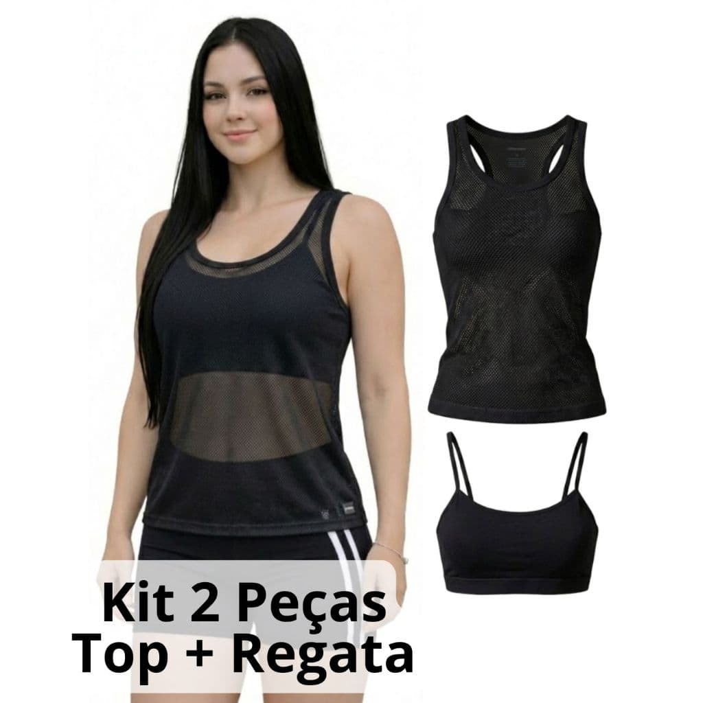 Conjunto Regata Telinha Feminina e Top Suplex Sem Bojo Fitness Academia Kit 2 Peças