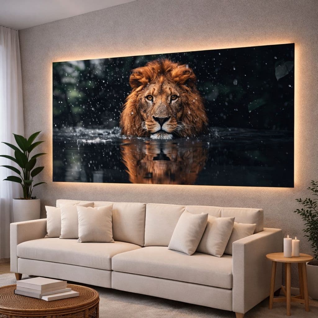 Quadros Decorativos 1 Peça 112X80 Leão Água Para Sala Quarto Moderno Envio Imediato