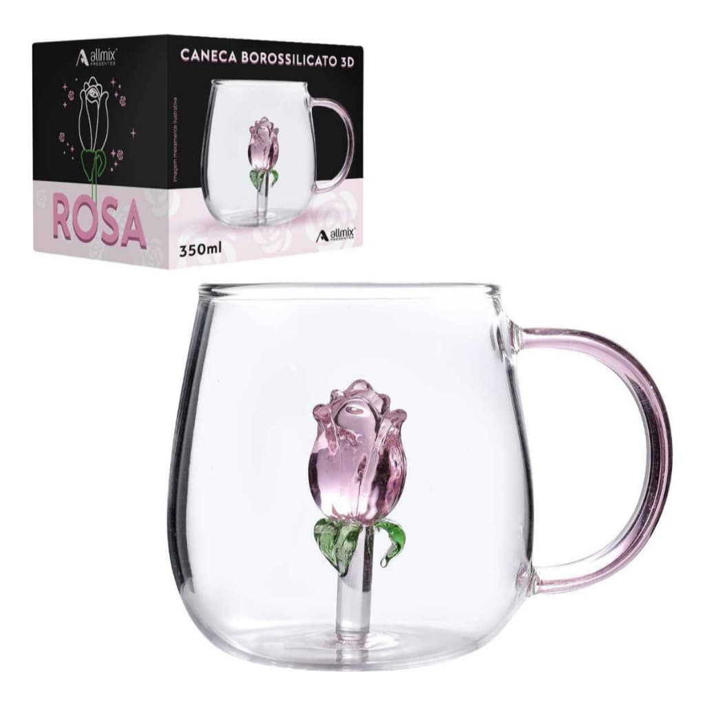 Caneca Xicara De Vidro 3d Rosa Borossilica Presente Amor