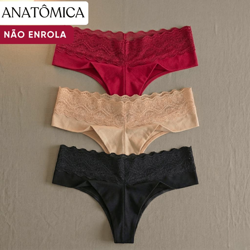 3 Calcinhas Cós Alto De Renda Cintura Alta Sem Costura Calcinha Fio Dental Duplo Levanta bumbum Soft