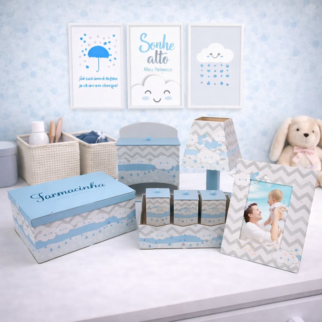 Kit Bebe Higiene Nuvem Quarto Menino Com Trio De Quadros Mdf