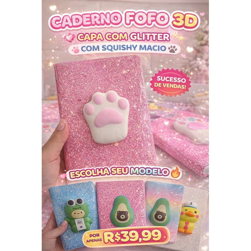 “Caderno Fofo 3D Squishy – Tendência 2026”
