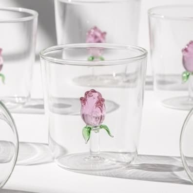 Copo de vidro 3D com rosa 350ml de borossilicato com flor para cozinha água suco mesa posta caneca xícara presente
