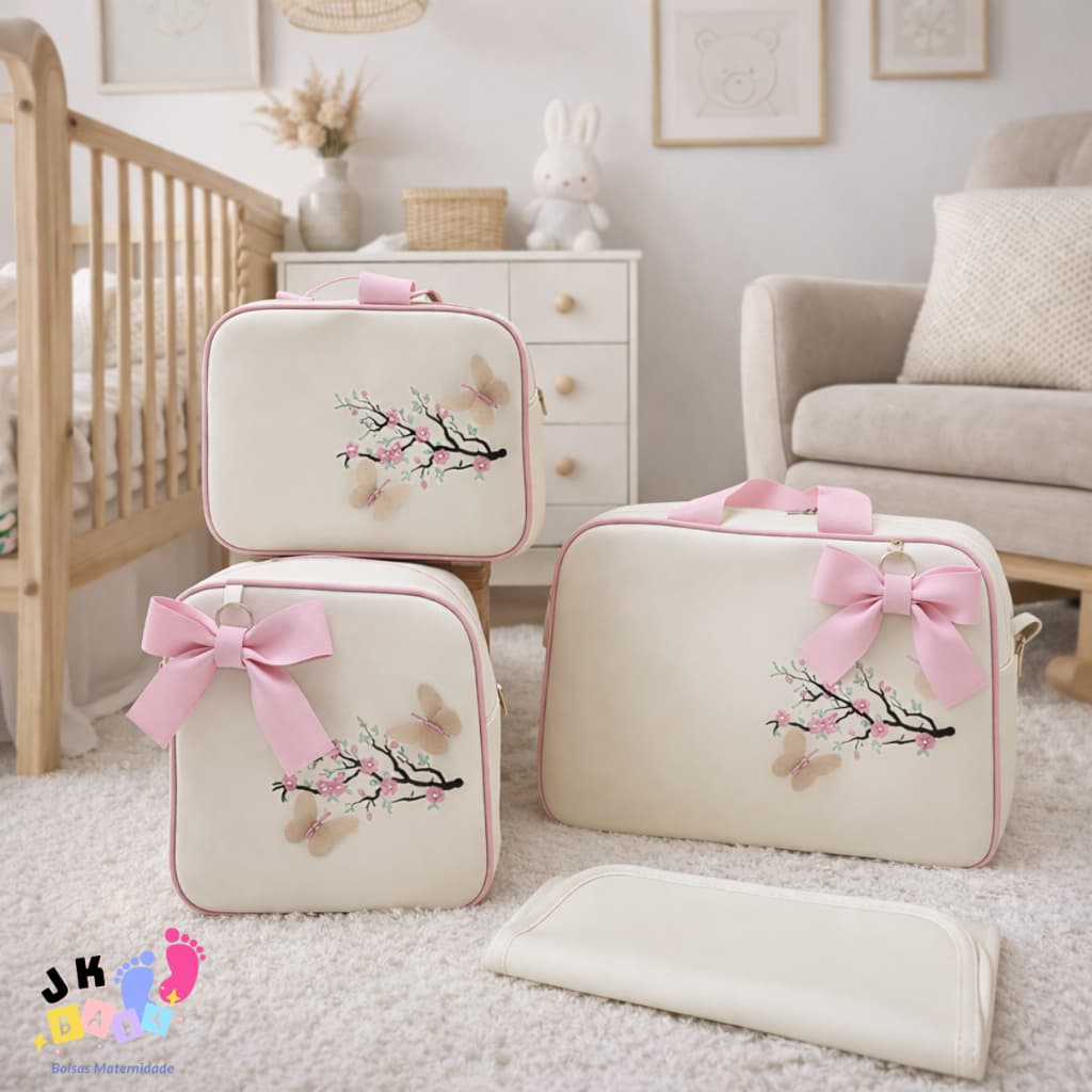 Kit Bolsa Maternidade Grande 4 Peças Borboleta Impermeável Enxoval Off White