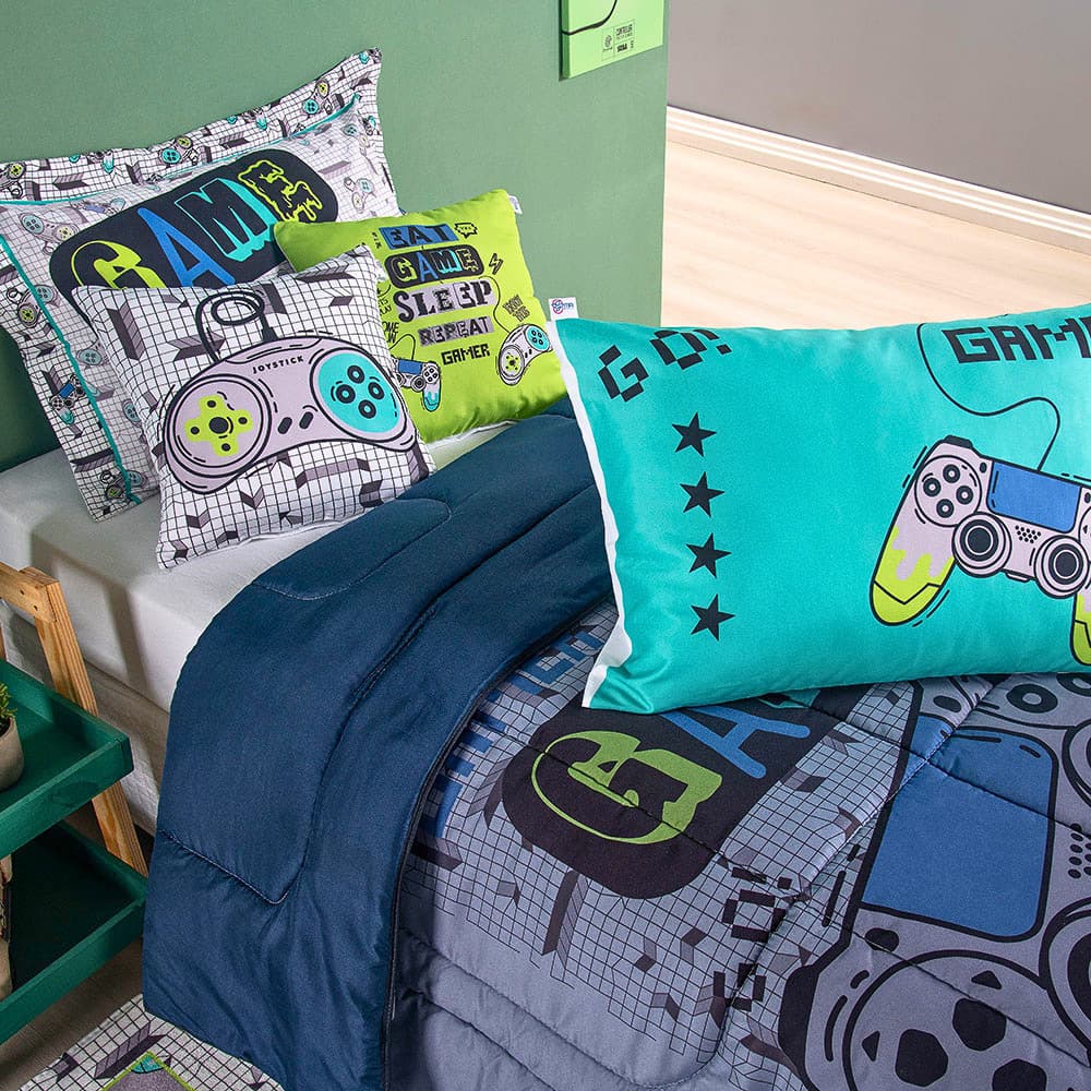 Kit Edredom Gamer 5 Peças Solteiro Infantil 400 Fios Quarto Game