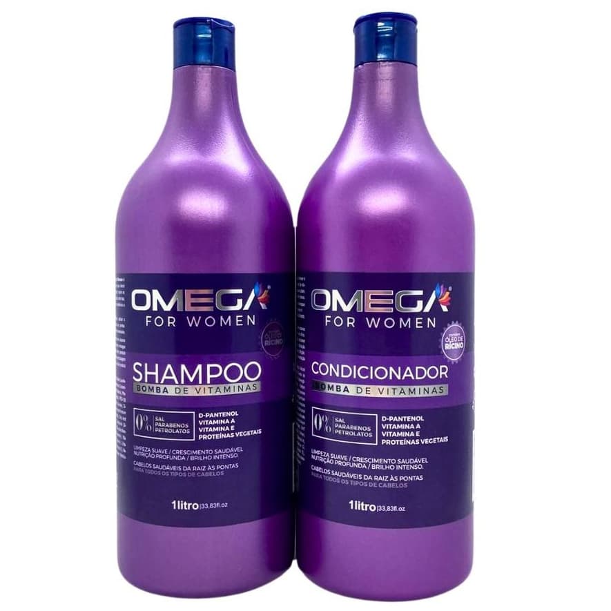 Kit de Tratamento Com Óleo de Rícino Bomba de Vitaminas Shampoo e Condicionador 1L Omega Hair