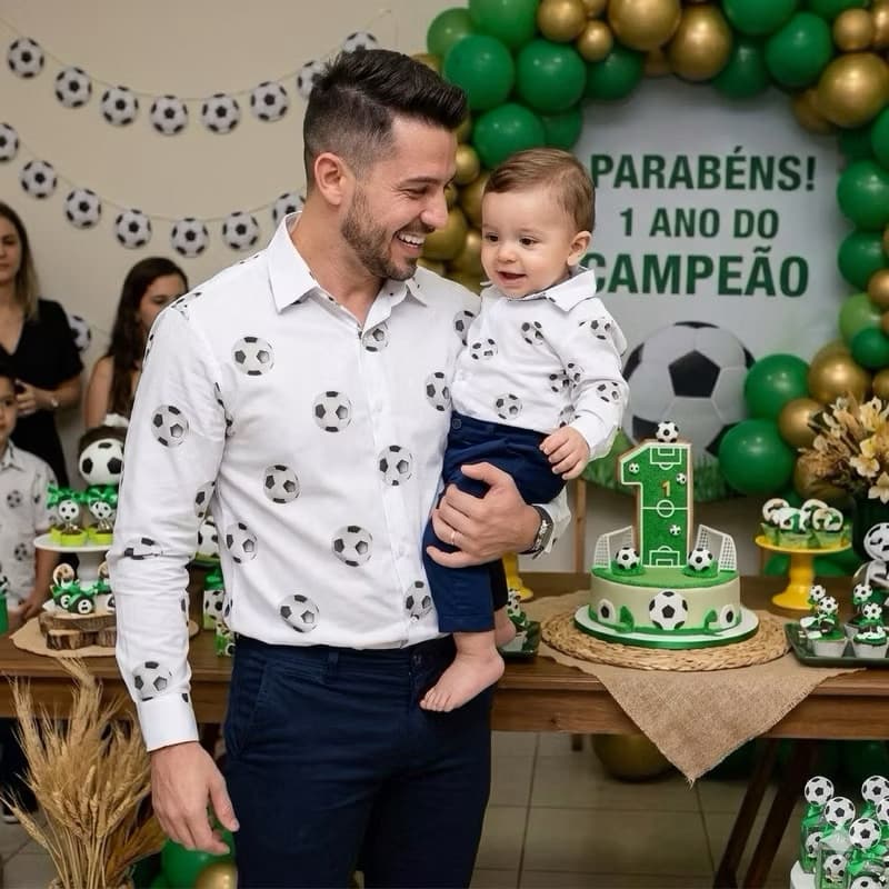 camisa temática frio pai e filho futebol bolas branca