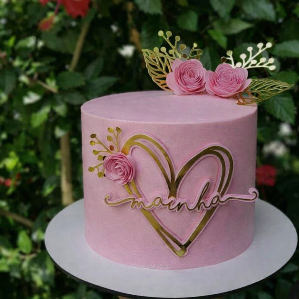 Topo/Topper de Bolo Dia das Mães Coração Rosa com Nome Personalizado em Lamicote Dourado