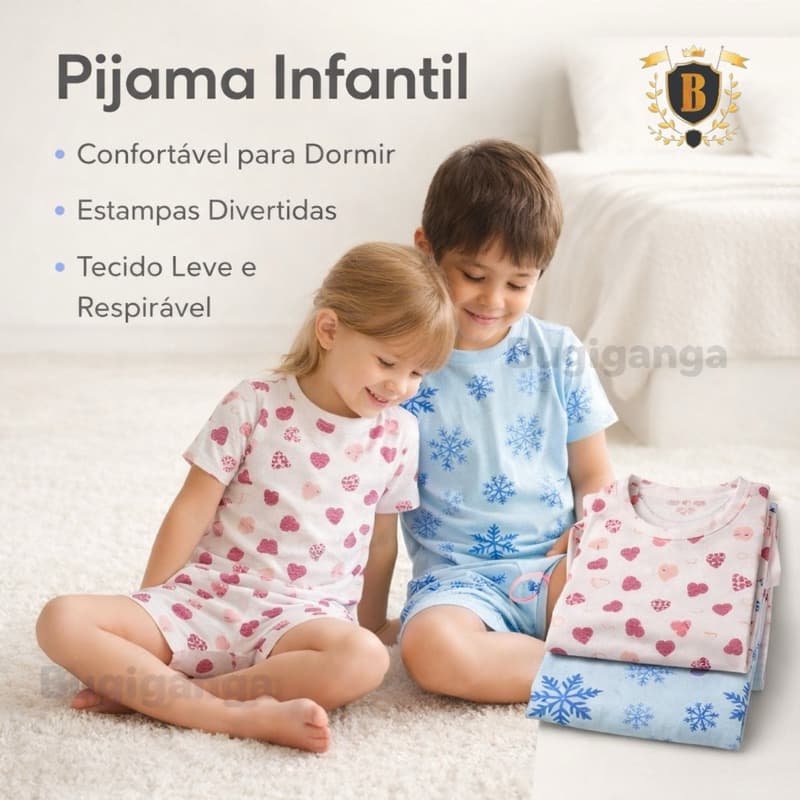 Pijama Infantil 100% Algodão 02 ao 10 Short e Manga Curta Confortável Estampas Divertidas