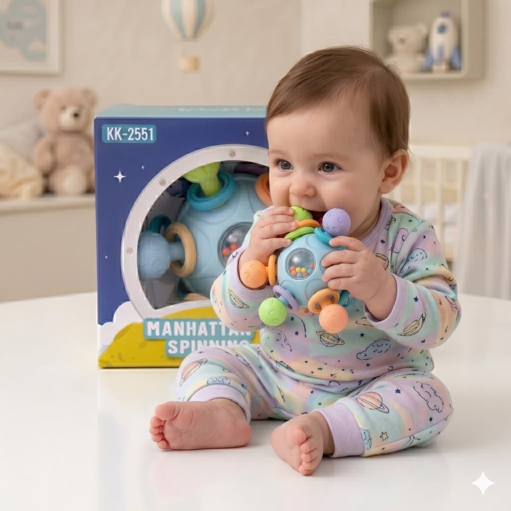 Bola Chocalho Manhattan Mordedor Sensorial Interativo 360° Brinquedo Educativo Bebê Alívio Dentição Ligeiro