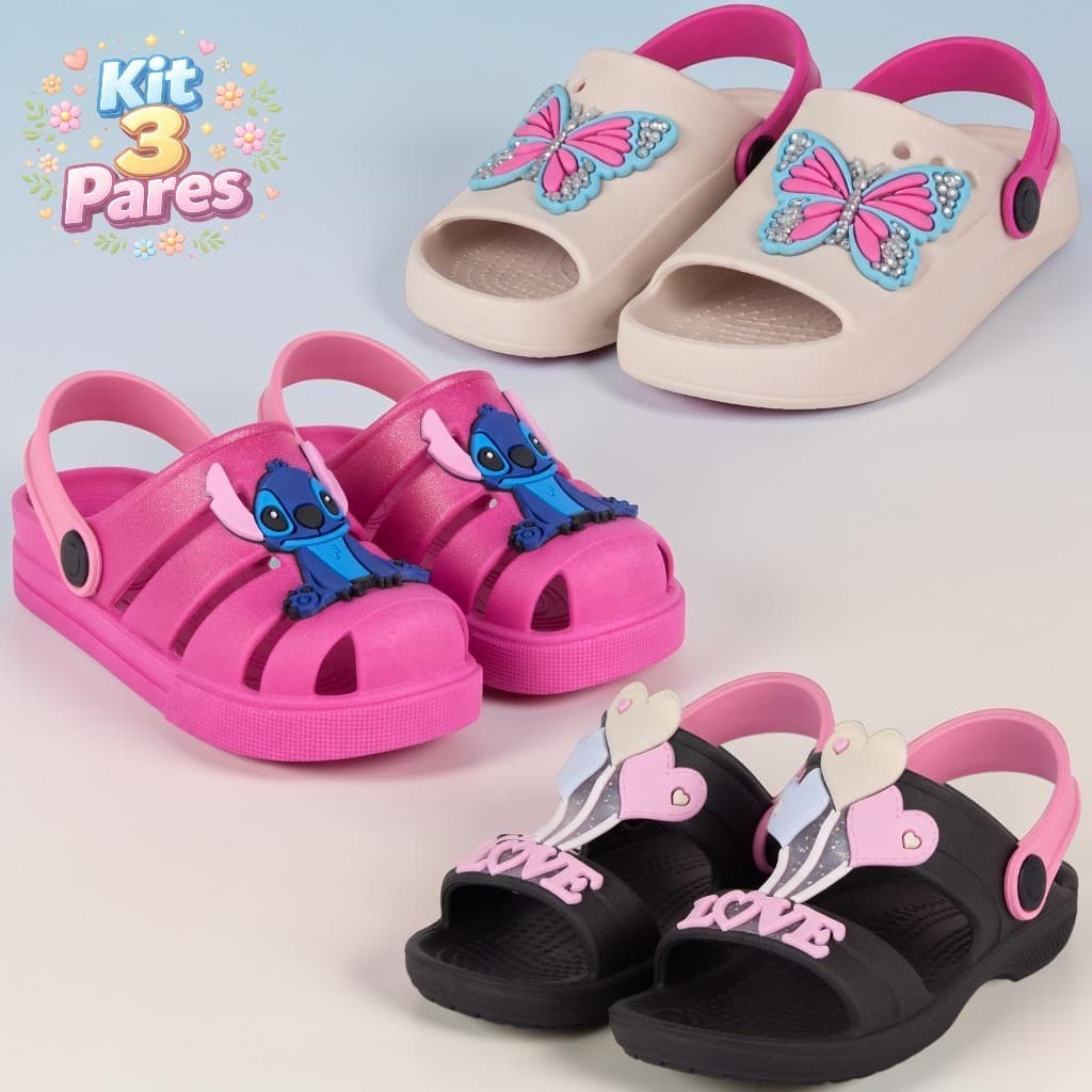 Kit 3 Sandálias Papete Infantil Feminina Confortável Leve e Anatômico