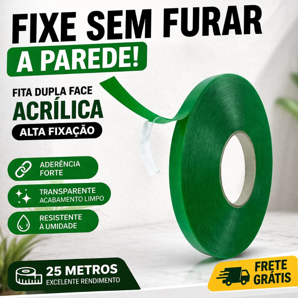Fita Dupla Face Acrílica Alta Fixação 25m Transparente Extra Forte Sem Furar Parede
