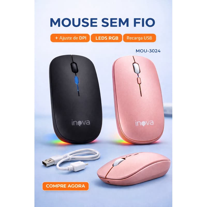 Mouse Sem Fio Premium Recarregável USB – DPI Ajustável + LED RGB | Design Slim