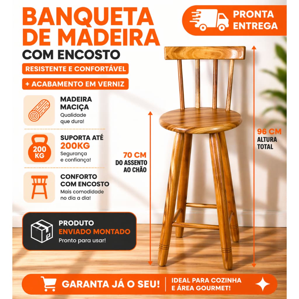 Banqueta Alta Madeira Maciça Encosto 70cm Banco Alto Cozinha Gourmet Resistente Bar Balcão Verniz