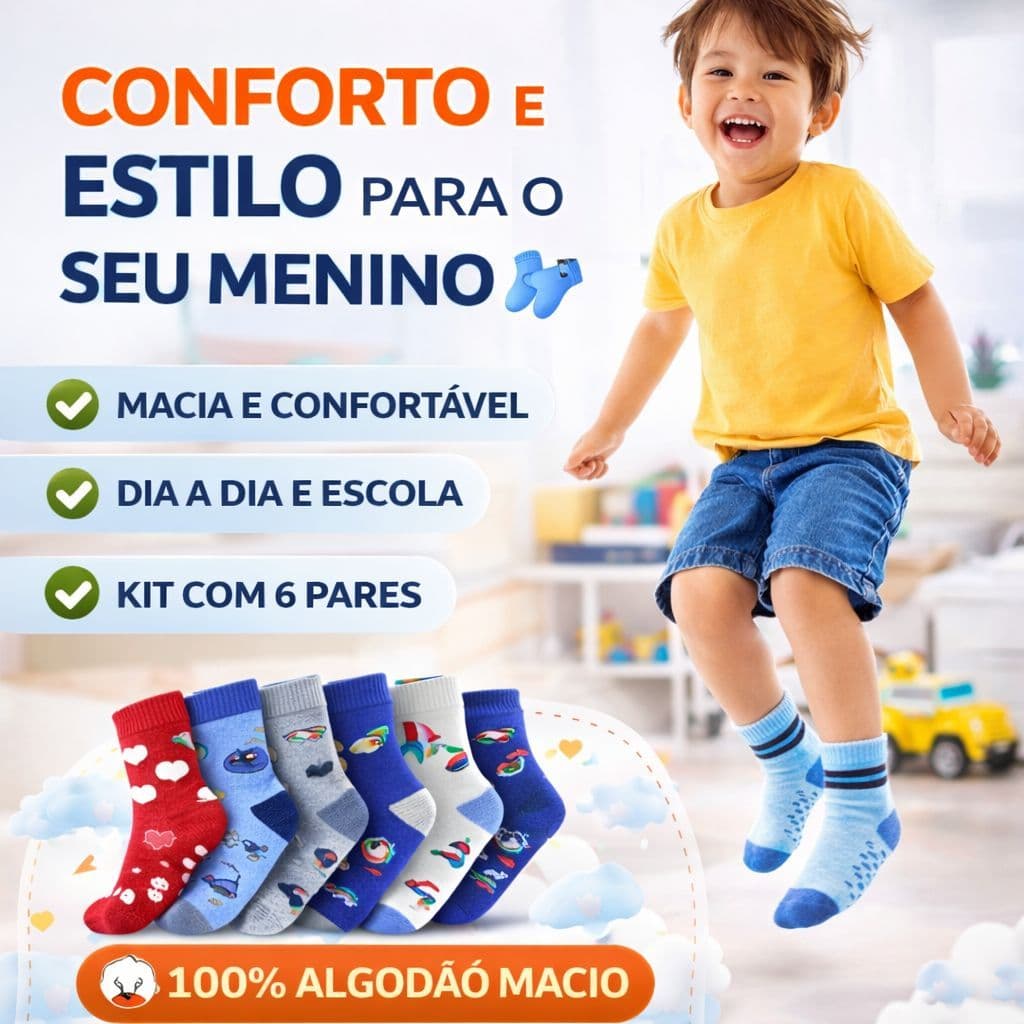Kit 6 Pares Meia Infantil Menino Algodão Confortável 0 a 8 Anos Segurança Bebê
