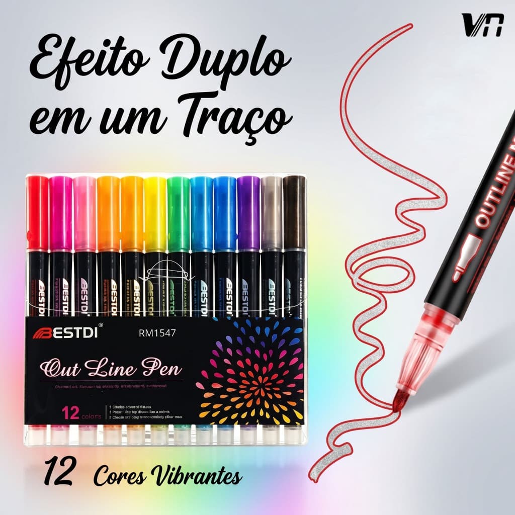 Canetas Contorno Linha Dupla Metálica Kit 6 a 36 Unidades Colorida Arte Decoração Papelaria Lettering 1547