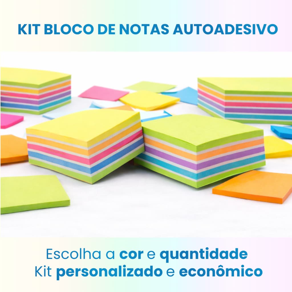 Kit Bloco de Notas Autoadesivo Cores Neon 76x76mm - Anotação Escolar Escritório