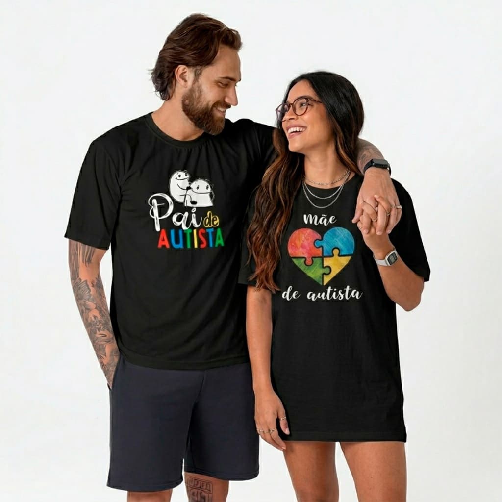 Kit Casal Pai e Mãe de Autista 2 Camisetas Conjunto Marido Mulher Algodão 100% Look Casual Inclusão