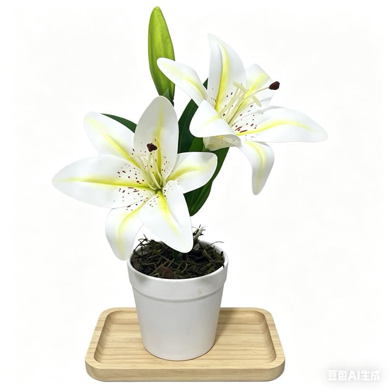 Lílio Artificial com Vaso balde  2 Flores Abertas + 1 Botão, Toque Real, Sem Manutenção para Decoração
