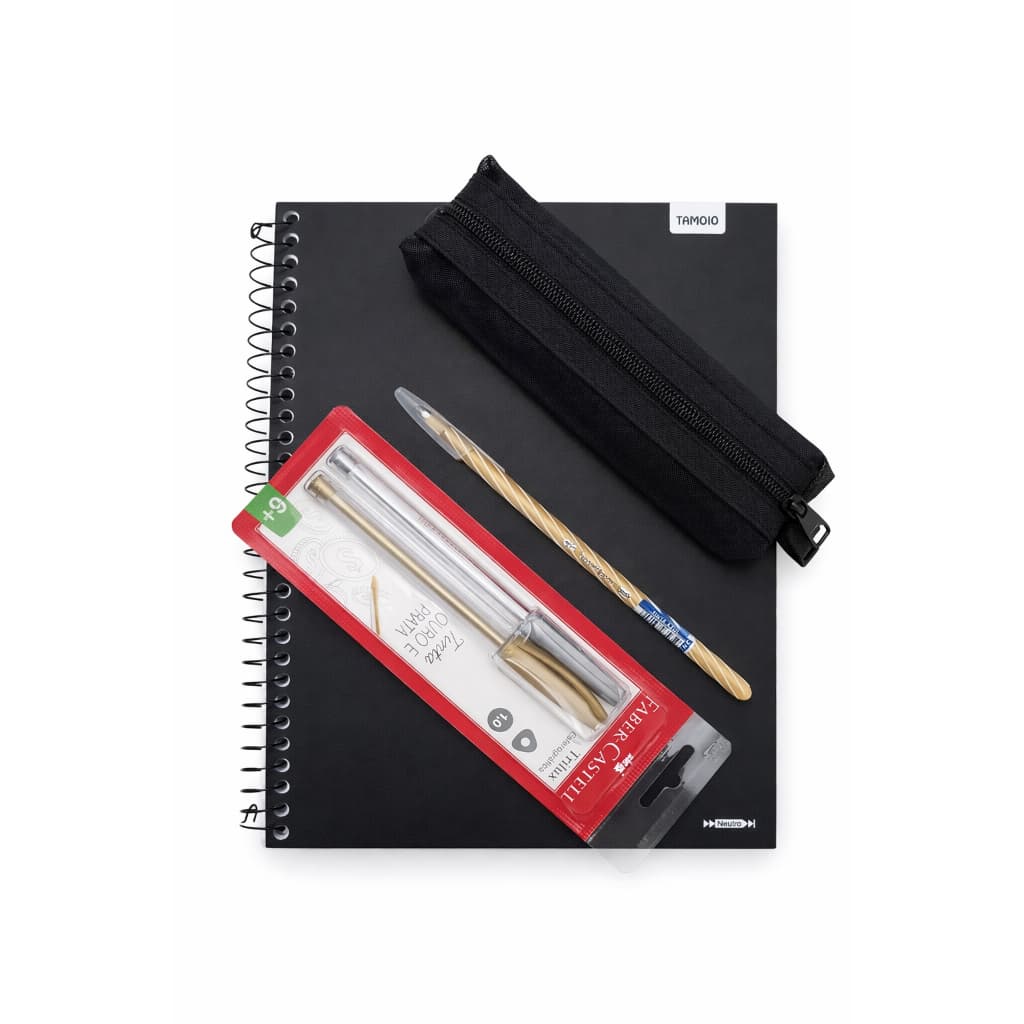 Kit Caderno Tamoio Preto com estojo FIZZ e caneta Faber-Castell