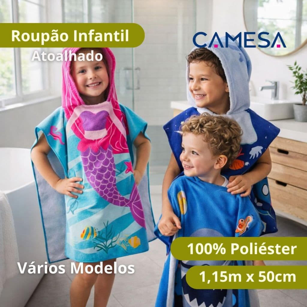 Roupão Infantil Atoalhado com Capuz Camesa 1,15m x 50cm Toalha 100% Poliéster Macio e Confortável