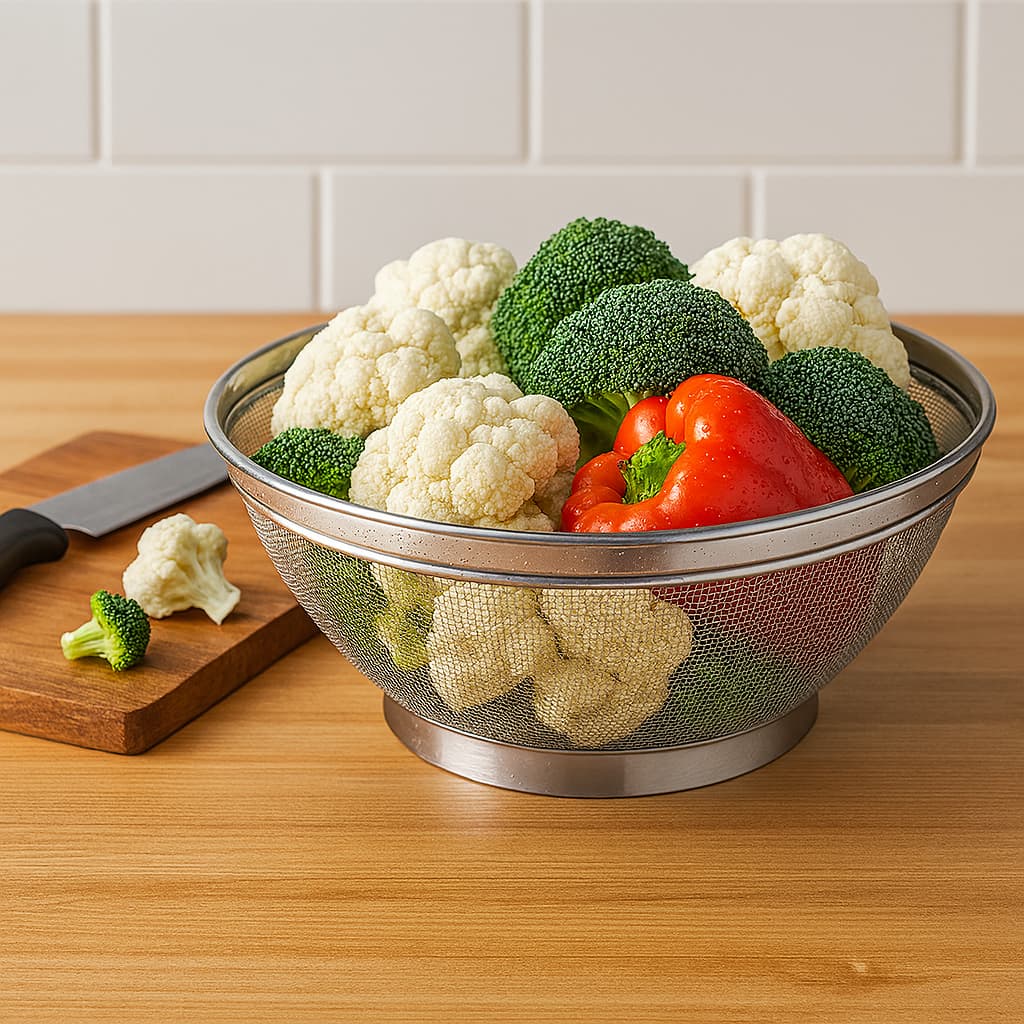 Escorredor de Cozinha Multiuso Aço Inox Telado com Alça – 21, 24 ou 28cm