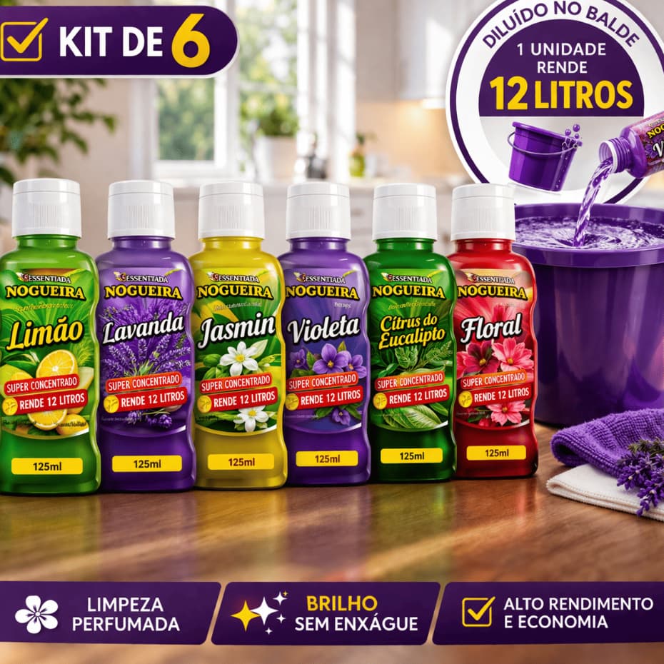 Kit de 6 Essências Limpador Perfumado Aromatizante 125ml Super Concentrado Essências Nogueira