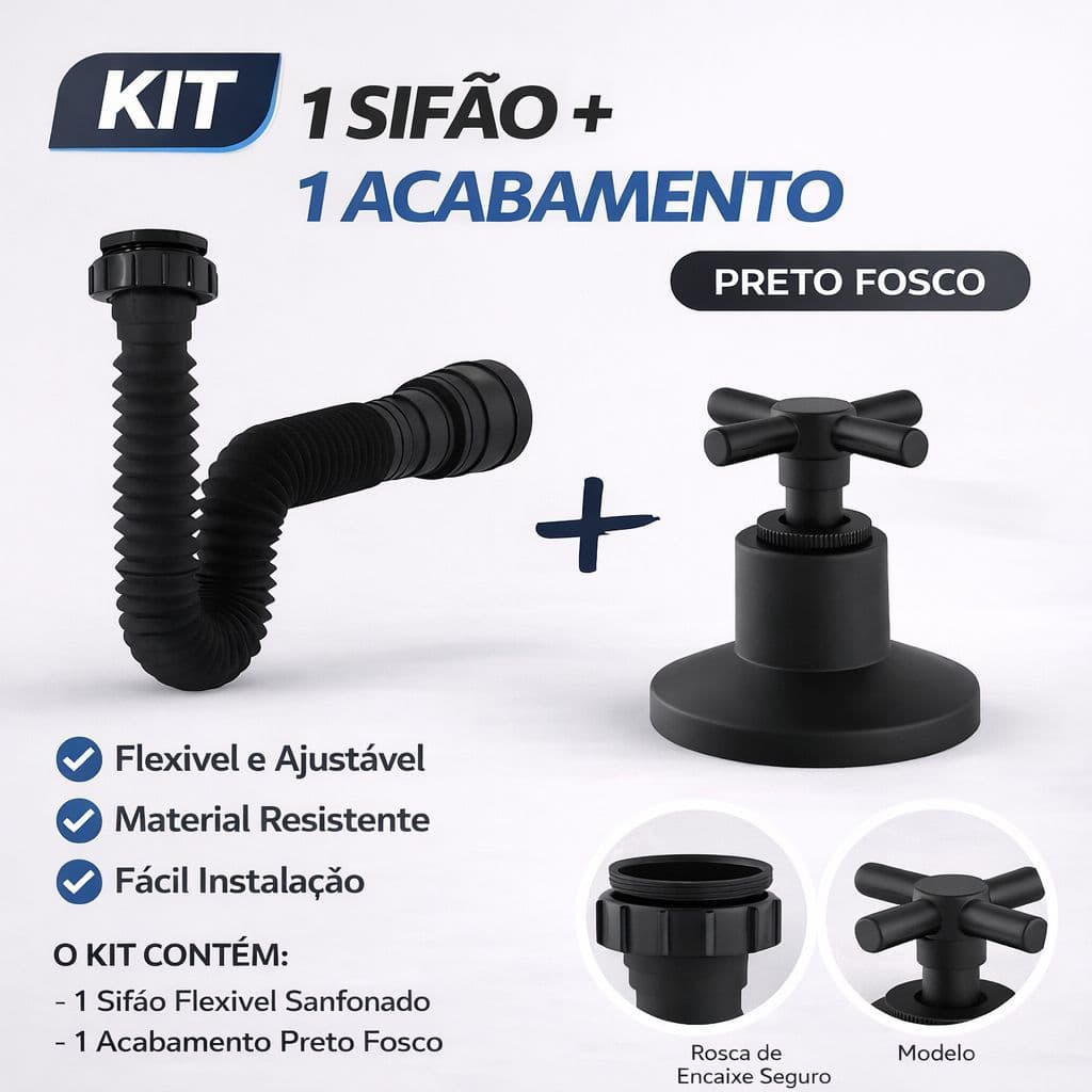 Kit 1 Sifão Preto + 1 Acabamento Registro Preto C31