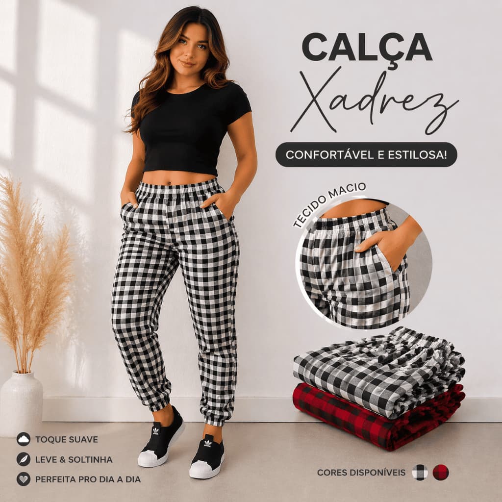 Calça Xadrez Feminina Jogger Sem Cordão Confortável Moda Casual (PP P M)