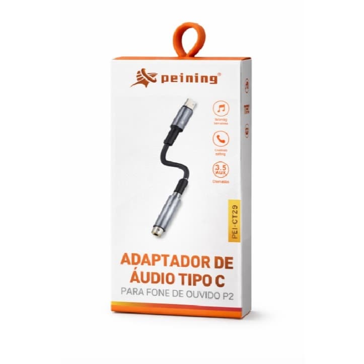 Adaptador de Áudio Tipo C para P2 Peining PEI-CT29 Entrada 3.5mm Fone de Ouvido USB-C