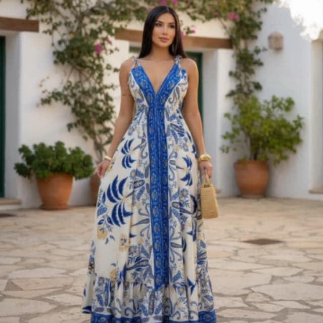 Vestido Longo Azul 36-44 - Caimento Fluido e Leve, Alças Ajustáveis