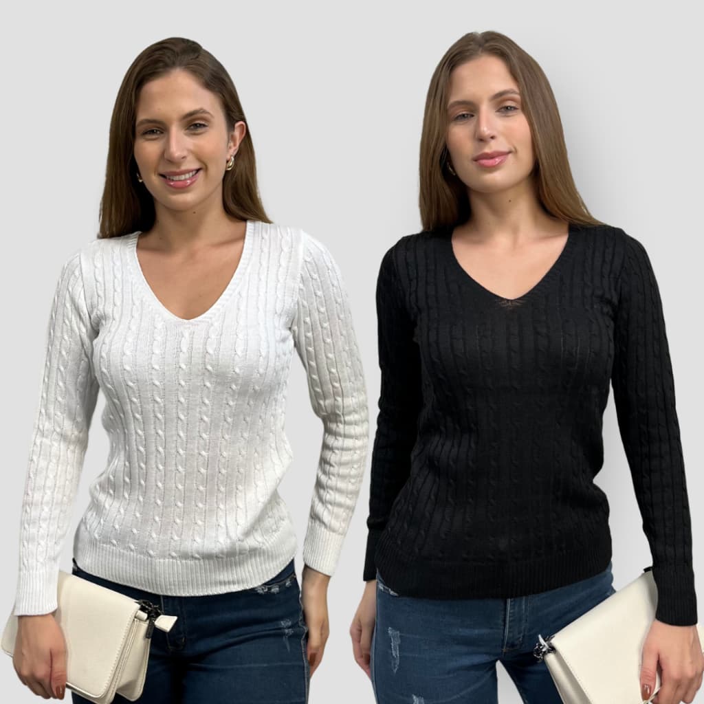 Kit 2 Blusas Feminina de Frio Tricô Decote V Sueter Trançada Lã