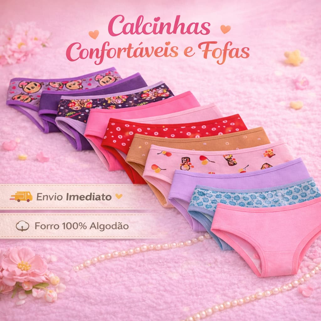 Kit Calcinhas Infantil Juvenil 100% Algodão Menina Moça com Forro Estampas Lindas