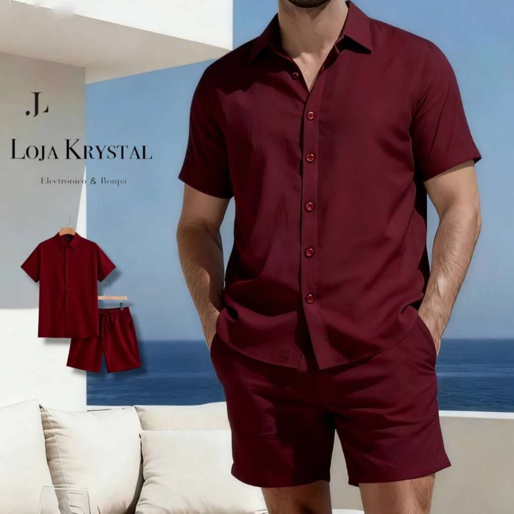 LK  Conjunto Crepinho Masculino Camisa Botão Bermuda Mauricinho Casual Slim Fit