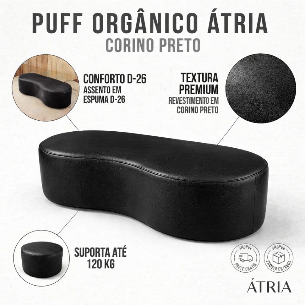 Puff Atria Orgânico Grande 100cm Corino Preto – Decorativo Resistente