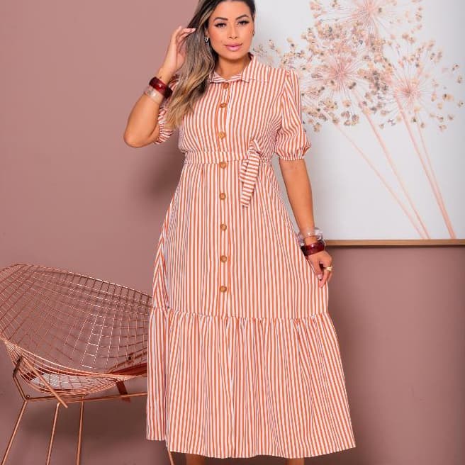 Vestido Chemise Feminino Listrado com manga bufante e laço para amarraçao