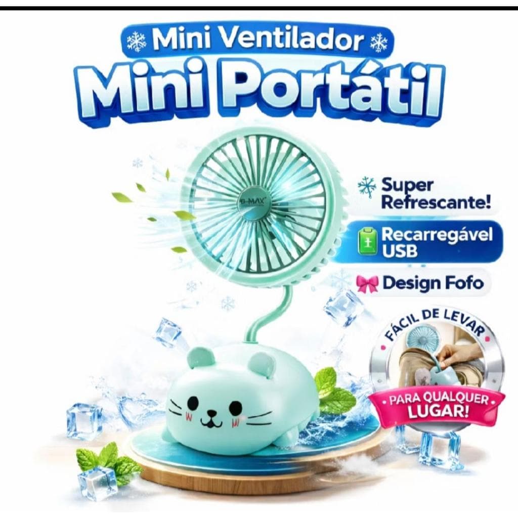 Ventilador Portátil de Mesa USB Recarregável Fofo Pratico Refrescante .