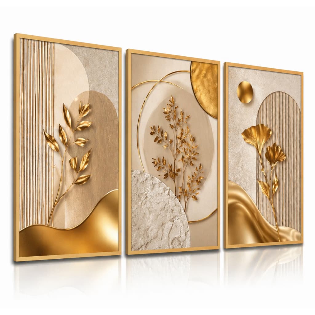 Kit 3 Quadros Decorativos Dourado Premium | Arte Floral 3D Moderna | Quadros Elegantes