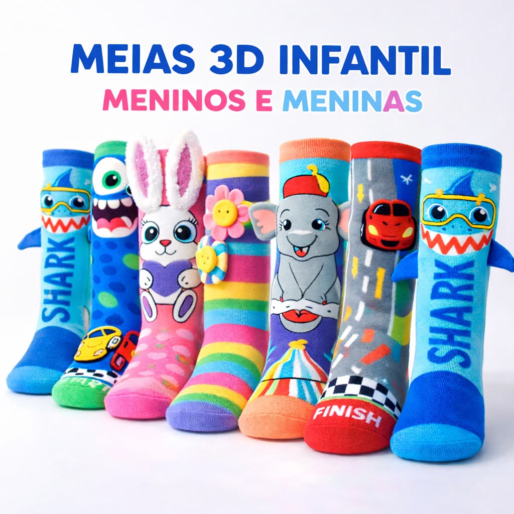 Kit 3/6 Pares Meias Divertidas Infantil Meia 3D Cano Alto Menino Menina Sortida
