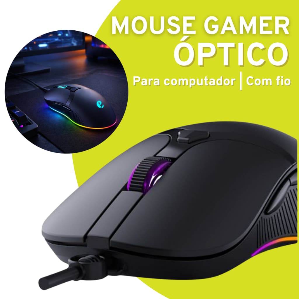 Mouse Óptico Com Fio para Computador Preta gamer tecnológico usb prático ágil versátil moderno escritório