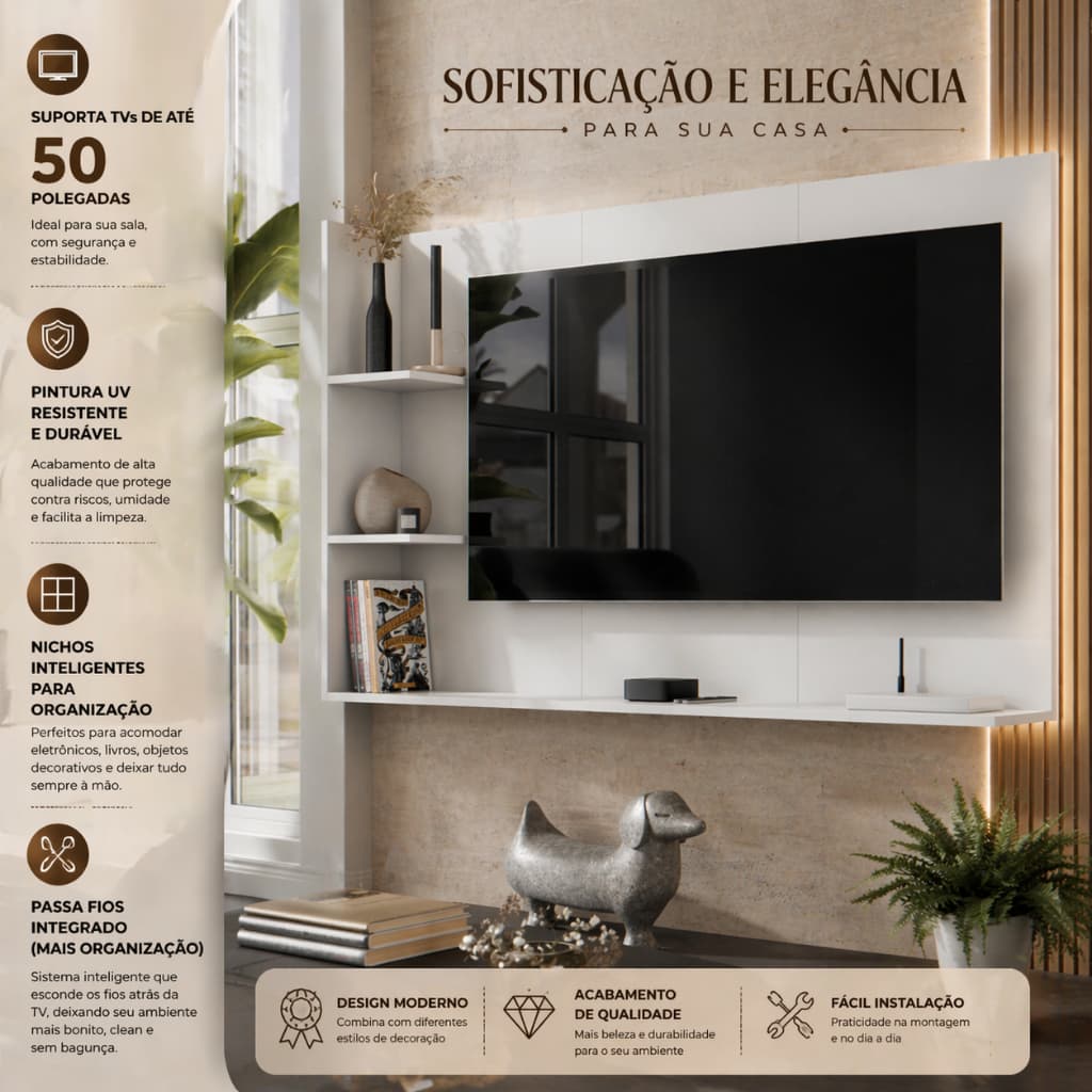 Painel De Tv 50 Polegadas Moderno 135x90Cm com Tres Prateleiras