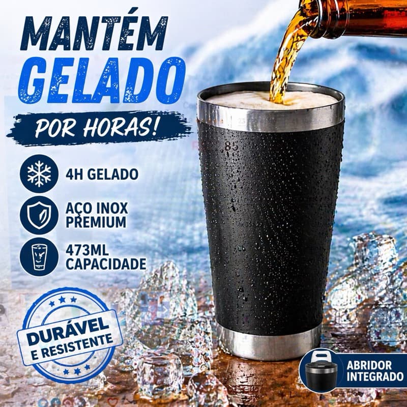 Copo Térmico 473ML Inox para Cerveja com Tampa e Abridor Garrafa Parede Dupla Quente e Gelado