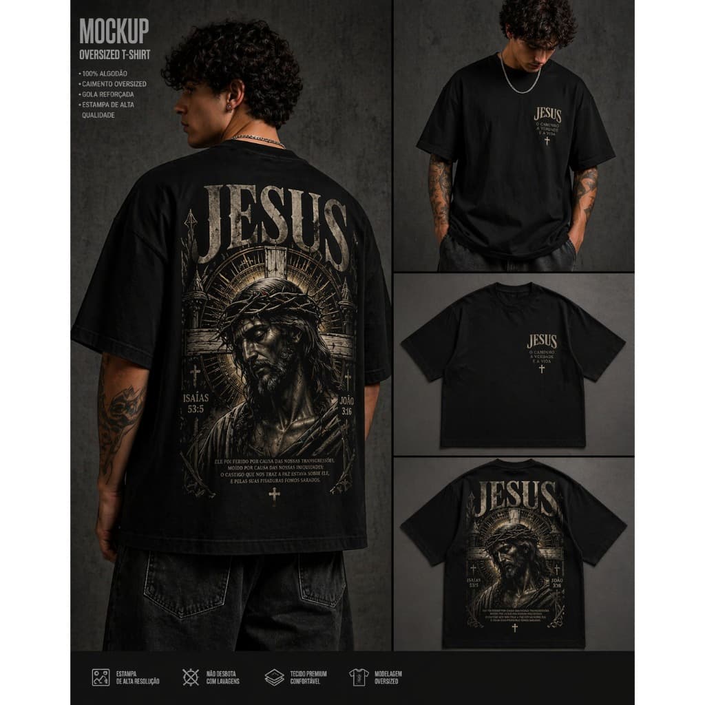 Camiseta Oversized Jesus Cristo – Estampa Premium Religiosa (Preta e Off White)