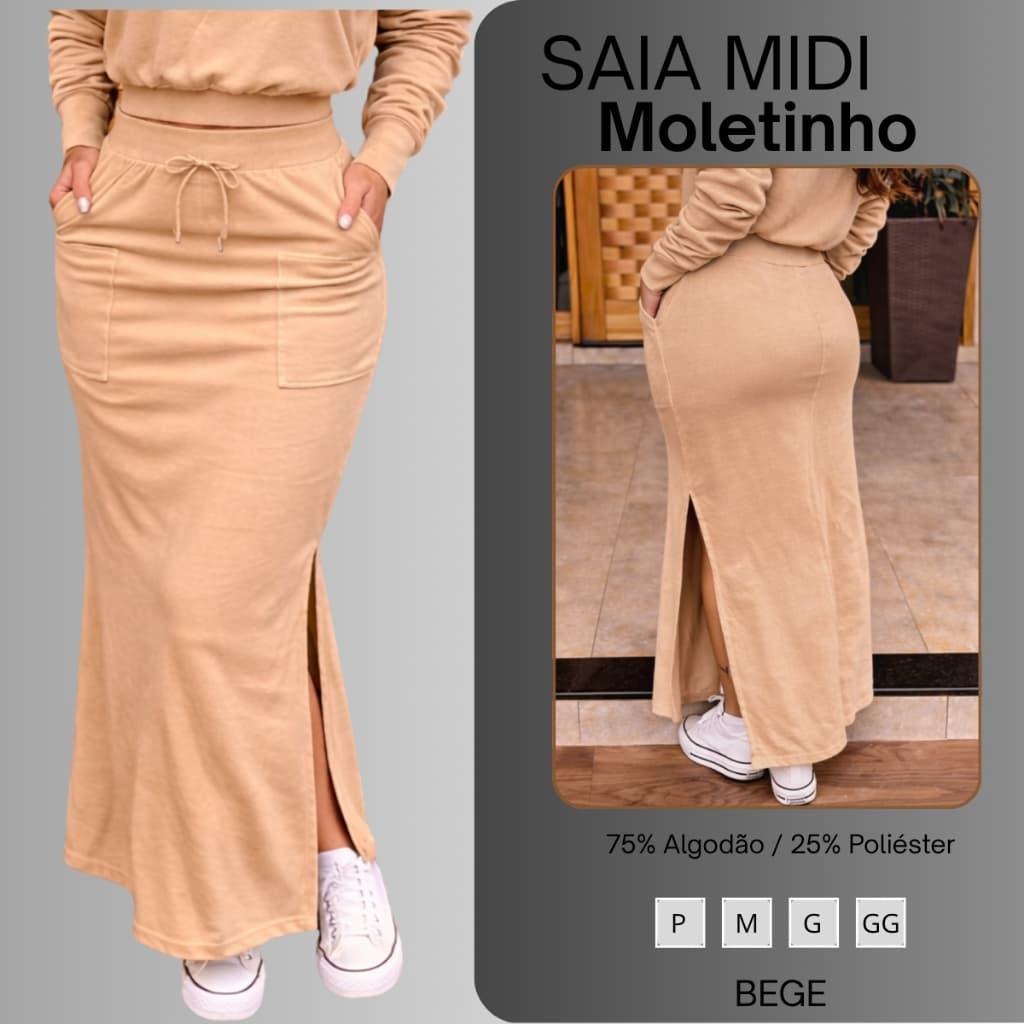Saia Midi Moletinho Com Fenda Lateral Bolso Moda Casual Bege Nude Caqui