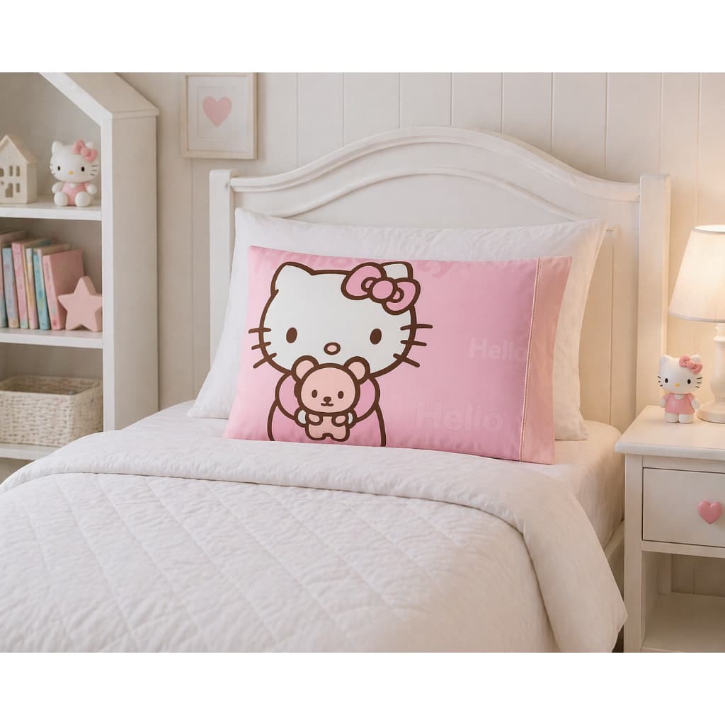 Kit Capa Fronha de Travesseiro Infantil Ponto Palito Hello Kitty Rosa 45x70 Menina Toque Macio