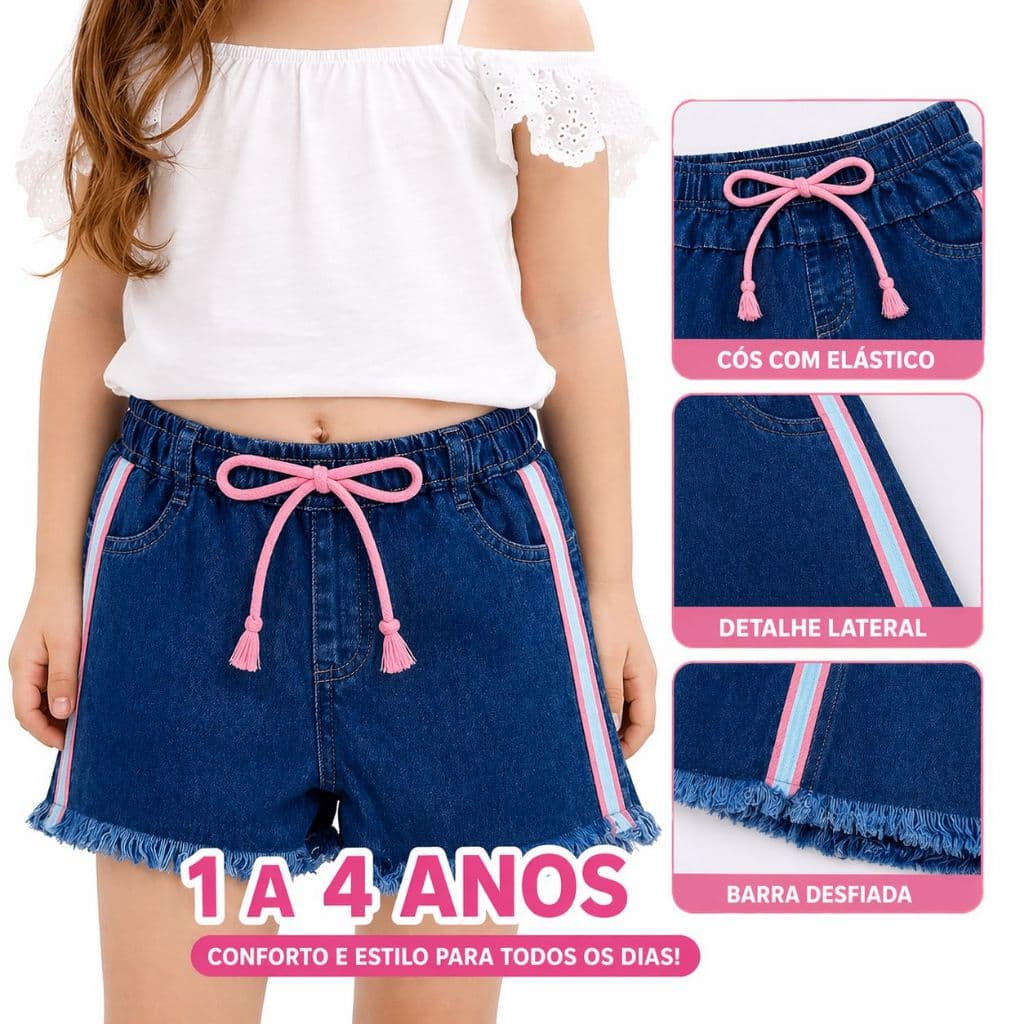 Shorts Jeans Infantil Short Cordão Barra Desfiada Cintura Elástica Confortável Detalhes Laterais